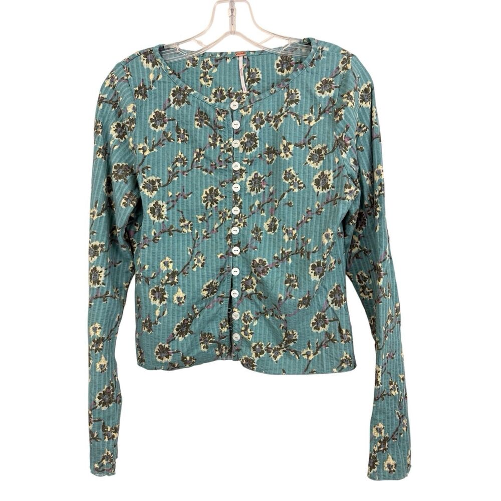 Free People Long Sleeve Cotton Tee Button Front Sz Large Blue Floral